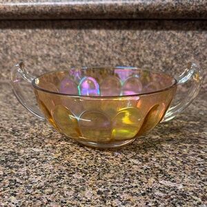 Vintage carnival glass bowl, trophy style handles. Art deco style candy bowl